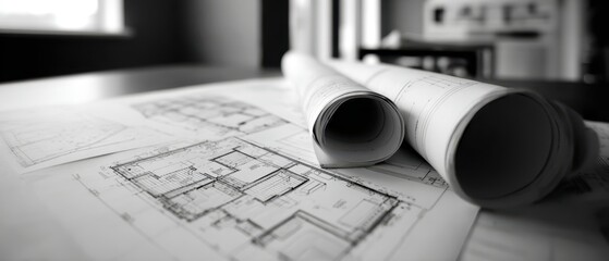 The Blueprints and Rolled Architectural Plans on a Desk in Monochrome Light