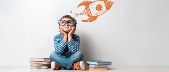The boy dreaming of a rocket launch while sitting with books on floor