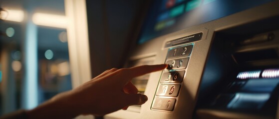 The ATM keypad being used by a hand during a nighttime urban cash withdrawal