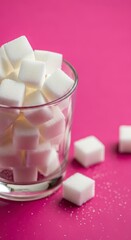 A glass filled with sugar cubes on a pink background with additional cubes scattered around
