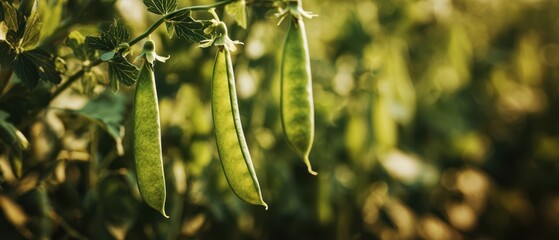 The Pea Pods Hanging on a Sunlit Garden Plant in Late Summer Harvest