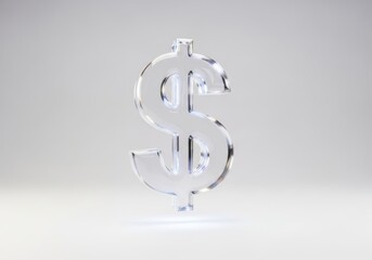 Obraz premium A clear, transparent glass dollar sign symbol isolated on white background, representing finance and wealth