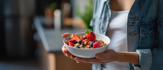 The Breakfast Bowl Held by Woman with Fresh Berries and Granola