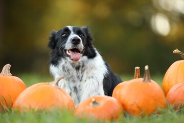 Cute Border Collie dog and pumpkins in autumn park