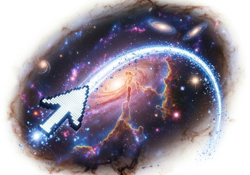 A cursor arrow pointing into a vibrant nebula, symbolizing digital exploration and discovery in the vast universe of information
