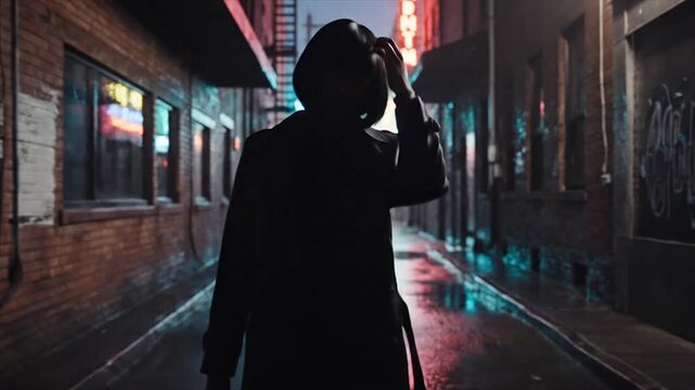 Woman walks down a dark alley at night with neon lights reflecting on wet pavement.