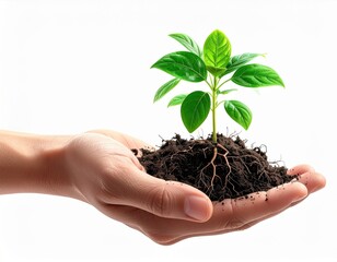A hand cradles a young plant with roots and soil, symbolizing growth and nature.