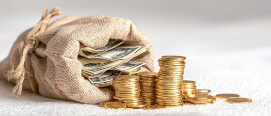 The Money Bag Overflowing With Cash and Gold Coins on White Background