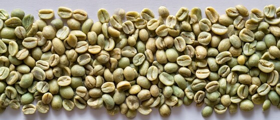 The green coffee beans arranged in a neat horizontal row on white background