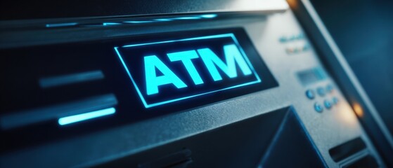 The ATM Glowing Blue at Night With Sleek Metallic Front Panel and Slot