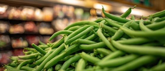 The Green Beans Pile in a Supermarket Produce Aisle with Shallow Depth