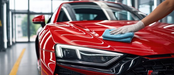 The red sports car being professionally detailed in a bright modern showroom