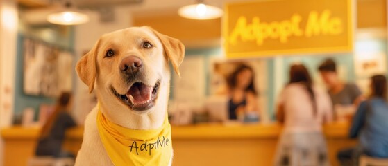 The Dog Wearing a Yellow Adopt Me Bandana at a Busy Animal Shelter Counter