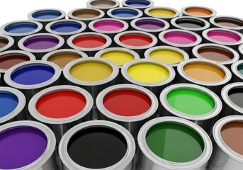 Fototapeta premium A large collection of open paint cans filled with various vibrant colors