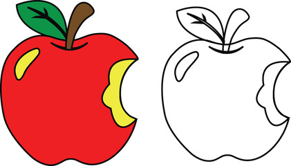 Red apple with bite cartoon illustration and outline drawing vector graphic set