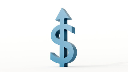 Upward blue dollar sign shaped as an arrow, concept of financial growth, profit, and economy rise, 3d render