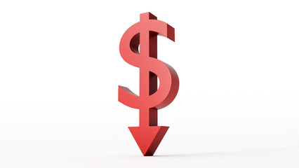 Red dollar sign pointing down with arrow, concept of financial loss, market decline and recession, 3d render