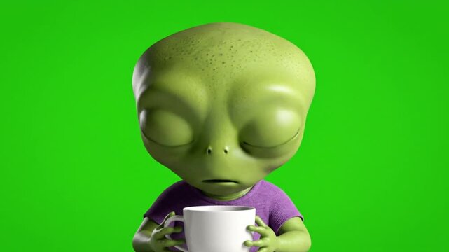 3D cute alien character drinking coffee with sleepy face against green screen background perfect for funny sci fi animation comedy or relaxation video scenes