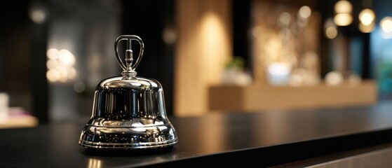 The Service Bell on Hotel Reception Desk with Warm Ambient Bokeh Lighting