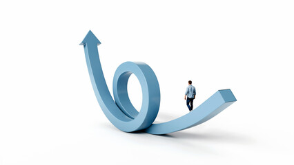 Man walking on a straight path with a full loop and arrow pointing upward at the end, concept of persistence, 3d render