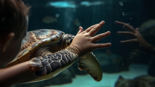 Child's hand reaching a sea turtle through an aquarium glass, reflecting childhood wonder at marine life.