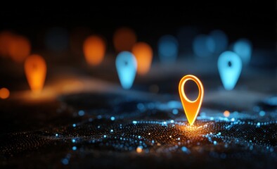 Glowing map markers on digital terrain