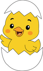 Obraz premium Cute happy yellow cartoon chick hatching from a cracked white eggshell isolated graphic