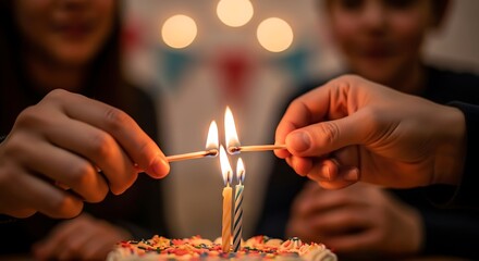 Birthday Cake Ignition: A moment of shared joy as hands ignite birthday candles, set against a blurred backdrop, embodying the warm glow of celebration.