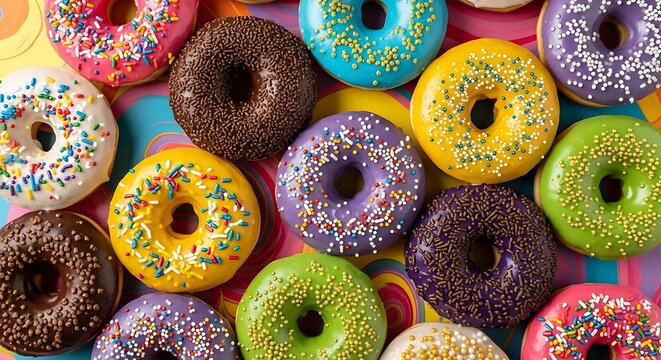 Deliciously Decorated Doughnuts: A vibrant array of colorful doughnuts, each adorned with unique frostings and sprinkles, creating a feast for the eyes and a promise of sweet indulgence.