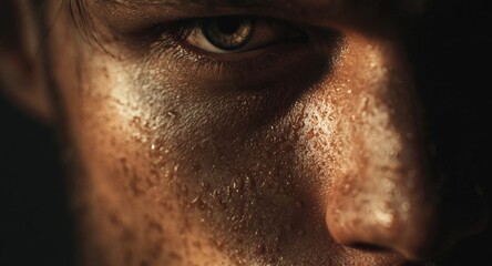 Intense Gaze: A close-up shot focuses on a rugged face and intense eye, capturing a powerful and captivating moment with its strong visual impact.
