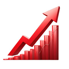 Red upward arrow graph showing rising trend with transparent background for 3D upward statistic line of business success of stock market finance analysis of investment and economic growth, cut out.