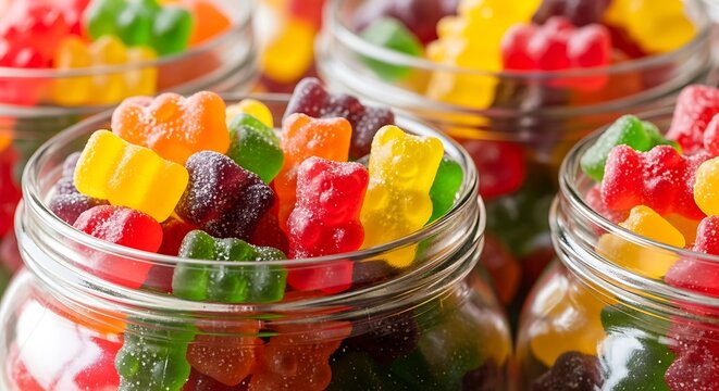 Sweet Surprise: A close-up view of vibrant glass jars brimming with colorful gummy bears, evoking a sense of childhood delight and sugary treats.