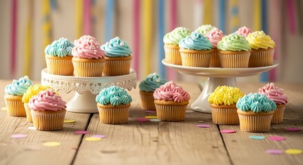 Sweet Treats Delight: A delightful array of cupcakes with colorful frosting atop, arranged artfully on a wooden surface, offering a visual feast.