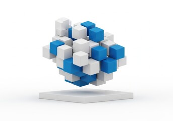 Abstract blue and white cubes floating above a white platform isolated on white background, representing data, technology, or a complex system