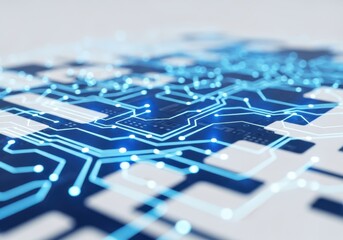 Abstract blue glowing circuit board pattern with illuminated nodes and lines, representing technology and data flow