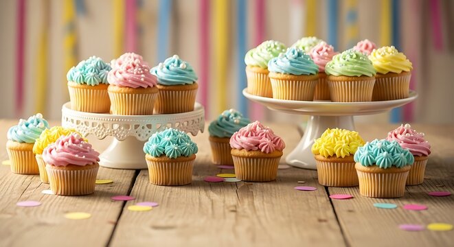 Sweet Treats Delight: A delightful array of cupcakes with colorful frosting atop, arranged artfully on a wooden surface, offering a visual feast.