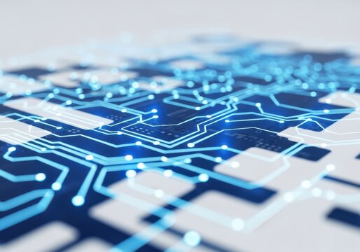 Abstract blue glowing circuit board pattern with illuminated nodes and lines, representing technology and data flow