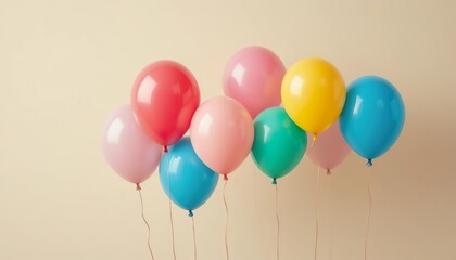 Colorful balloons floating gently against a soft beige background, creating a cheerful and minimal composition perfect for celebration themes