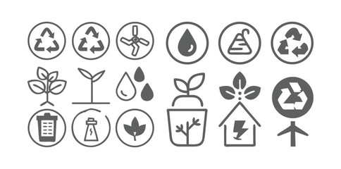 Fototapeta premium Eco & Recycling Icons Pack | Sustainable Environment Vector Set | Green Energy, Recycling, Nature Conservation Symbols