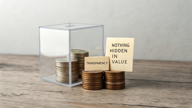 Concept of financial transparency with coins stacked beside notes stating transparency and nothing hidden in value