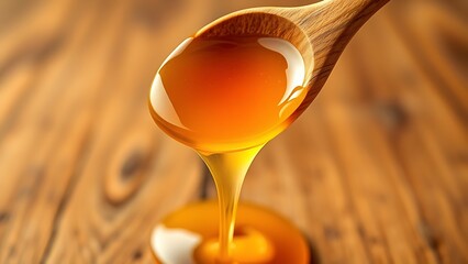 oligarchy. Golden honey dripping from a wooden spoon against a natural wood background. menu design, packaging mockups, designed for culinary blogs and recipe cards for restaurants.