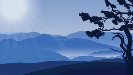 Foggy mountains landscape background. Smoky and rocky panorama with mountains skyline and pine tree forest silhouettes. Scenery with slopes, vector cartoon illustration