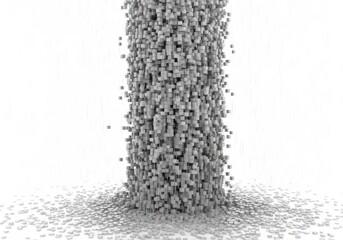 Abstract stream of small cubes falling and scattering on a white surface, isolated on white background