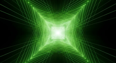 Green Light Abstract Square Tunnel Background Concentric Geometric Lines Neon Glow