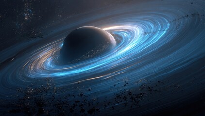 A swirling, vibrant ringed planet in deep space