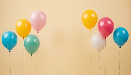 Colorful balloons floating gently against a soft beige background, creating a cheerful and minimal composition perfect for celebration themes