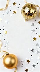 Fototapeta premium A festive holiday scene featuring golden Christmas ornaments, a disco ball, and scattered star confetti on a white background.