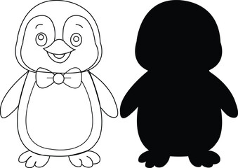 Black and white cartoon penguin character outline and silhouette vector graphic