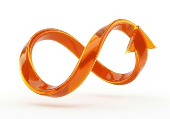 An orange glass infinity loop with an arrow isolated on white background, representing endless possibilities, continuous flow, and eternal connection