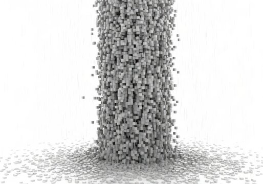 Abstract stream of small cubes falling and scattering on a white surface, isolated on white background